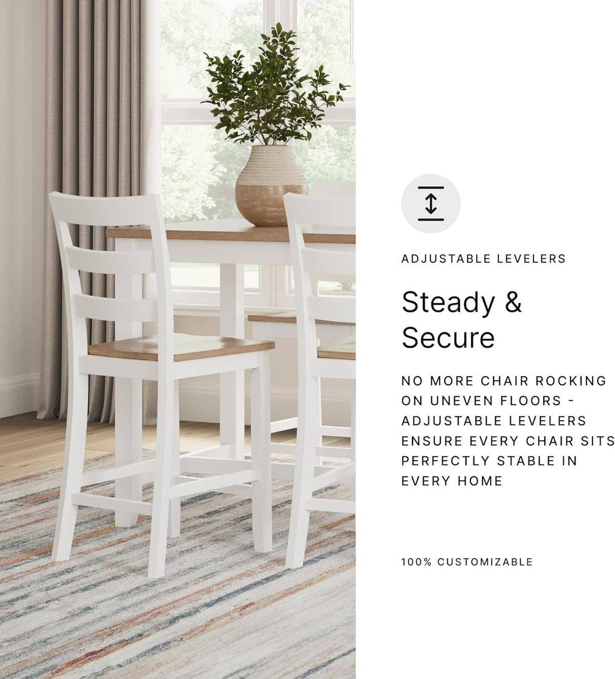 Counter-height bar stool with adjustable levelers, white frame, and gray padded seat
