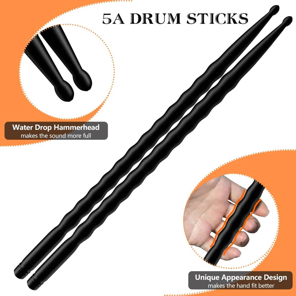 Black 5A carbon fiber drumsticks with textured grip and pointed tips