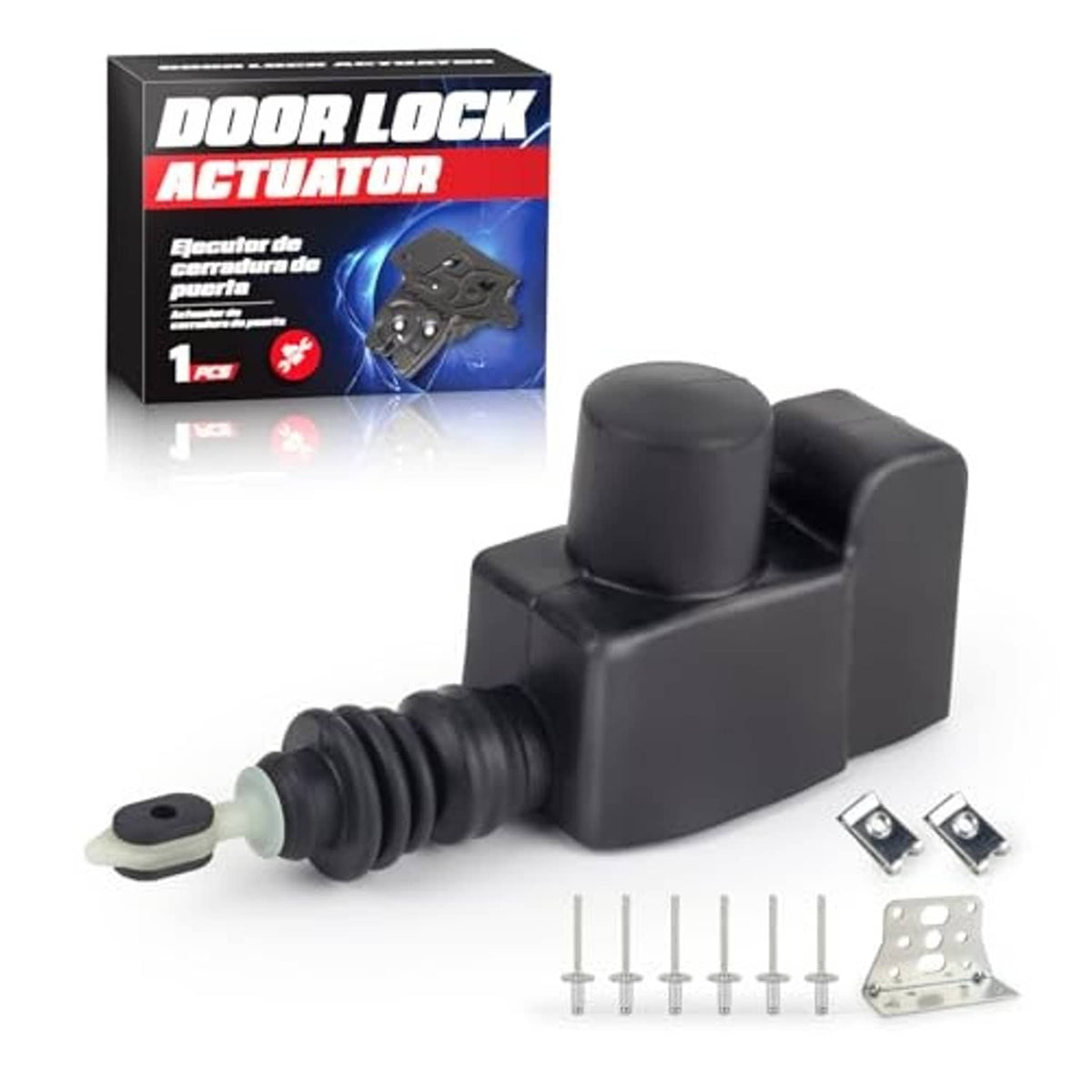 Black power door lock actuator with extended rod, included pins, screws, and mounting bracket