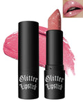 Glitter matte lipstick and lip gloss tubes with rose-pink shimmer swatch and lip look