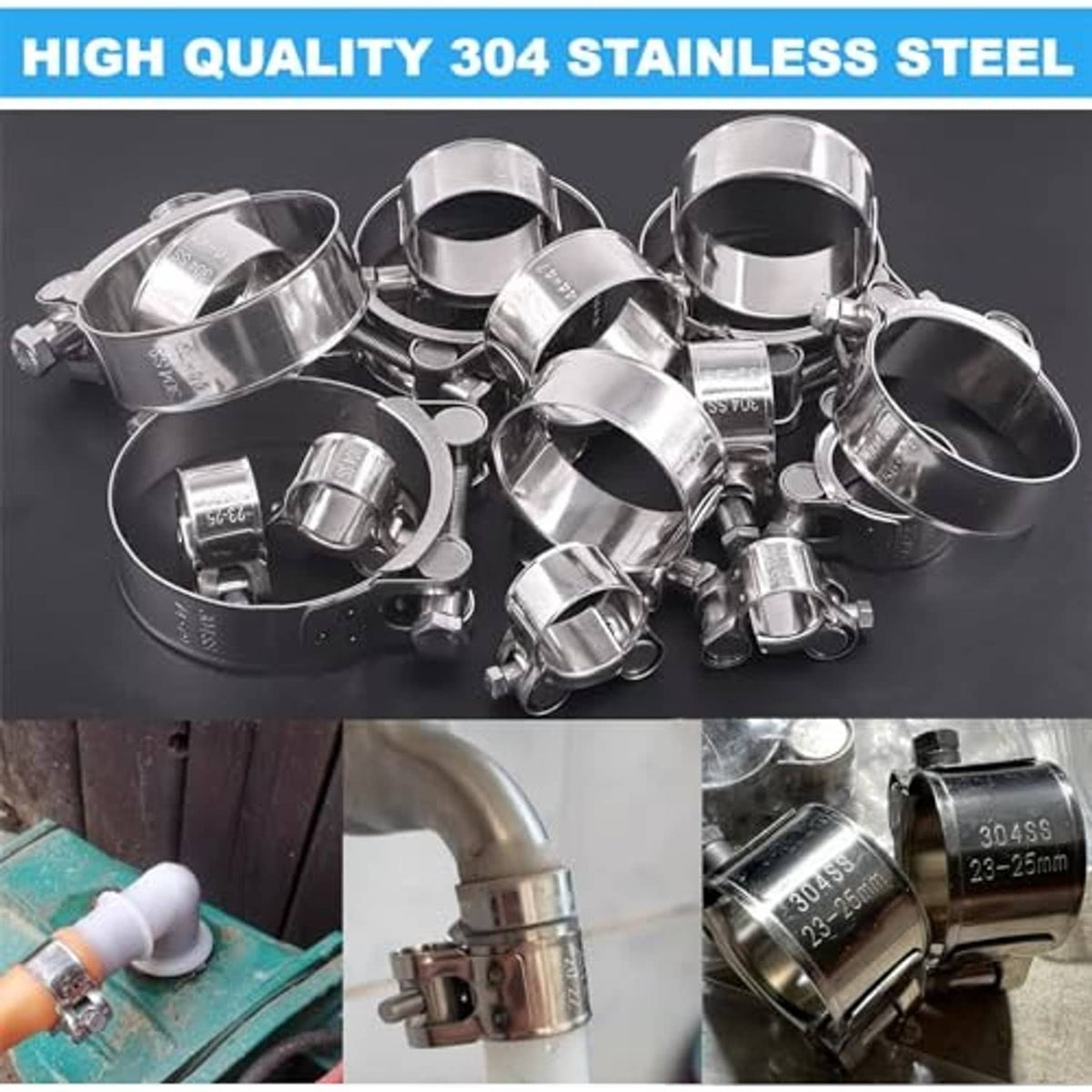 Assorted 304 stainless steel T-bolt hose clamps with silver band and bolt