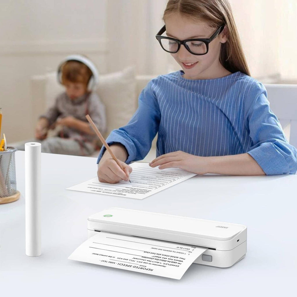 Thermal printer with rolled paper and child writing on printed receipt