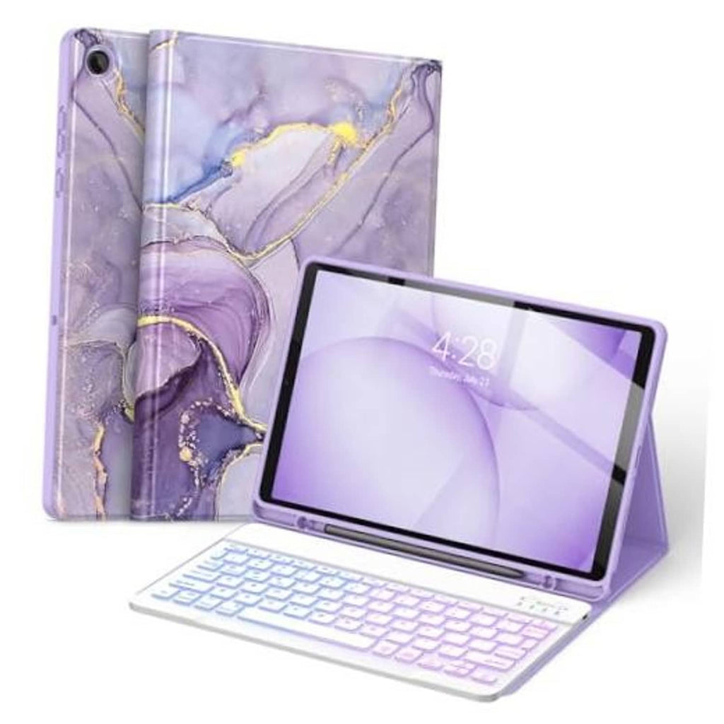 Violet marble tablet keyboard case with folio stand and protective screen cover