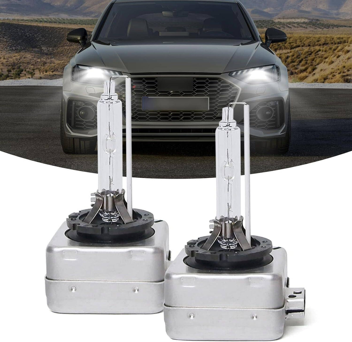 Pair of HID xenon headlight bulbs with clear glass lamps and silver metal housings