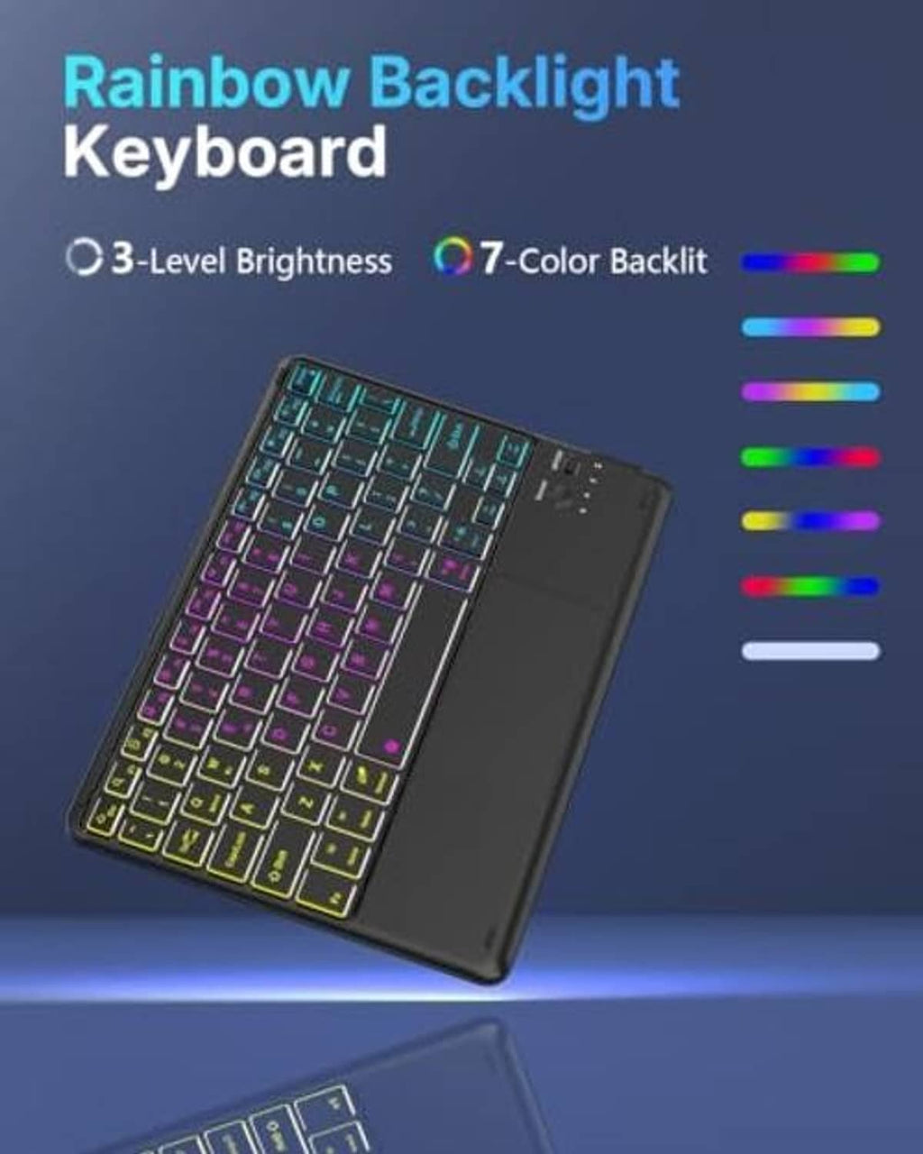 Black keyboard case with rainbow backlit keys and 7-color lighting