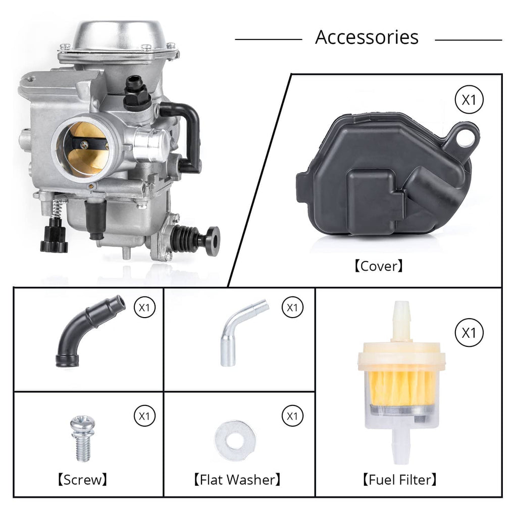Carburetor kit accessories with metal carb unit, cover, hoses, and fuel filter