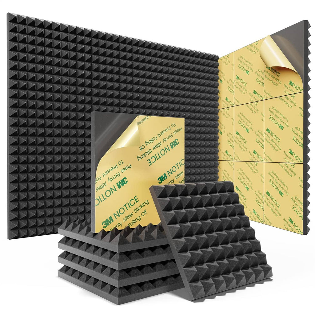 Black pyramid soundproof foam tiles, self-adhesive backing and stack of pieces