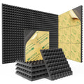 Black pyramid soundproof foam tiles, self-adhesive backing and stack of pieces