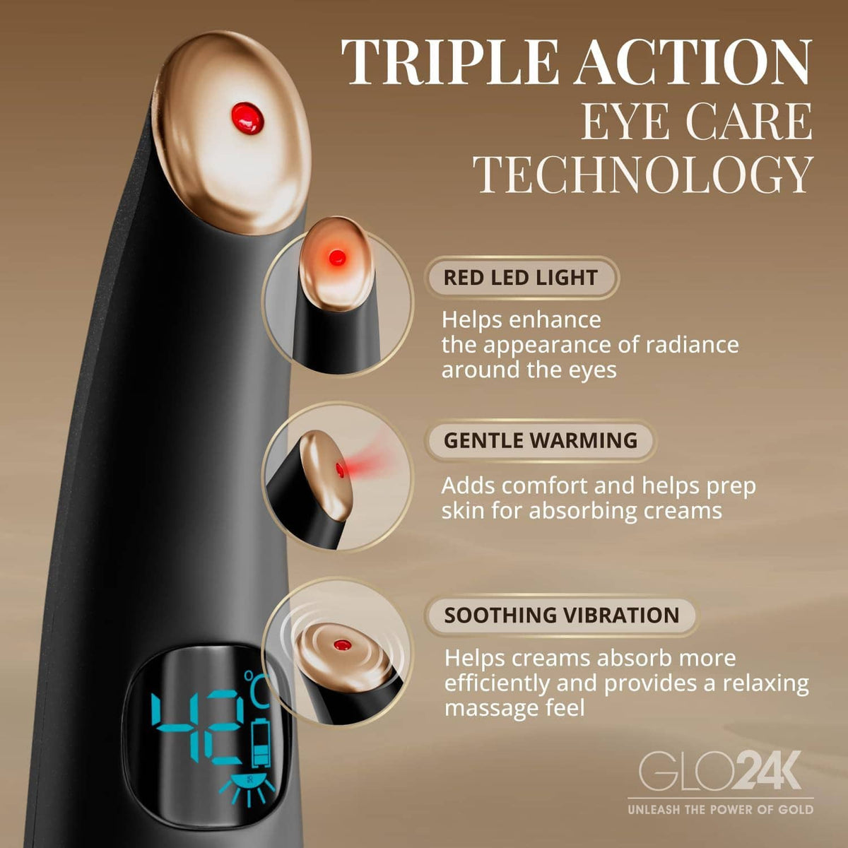 GLO24K heated eye wand diagram with red LED light, gentle warming, and vibration notes