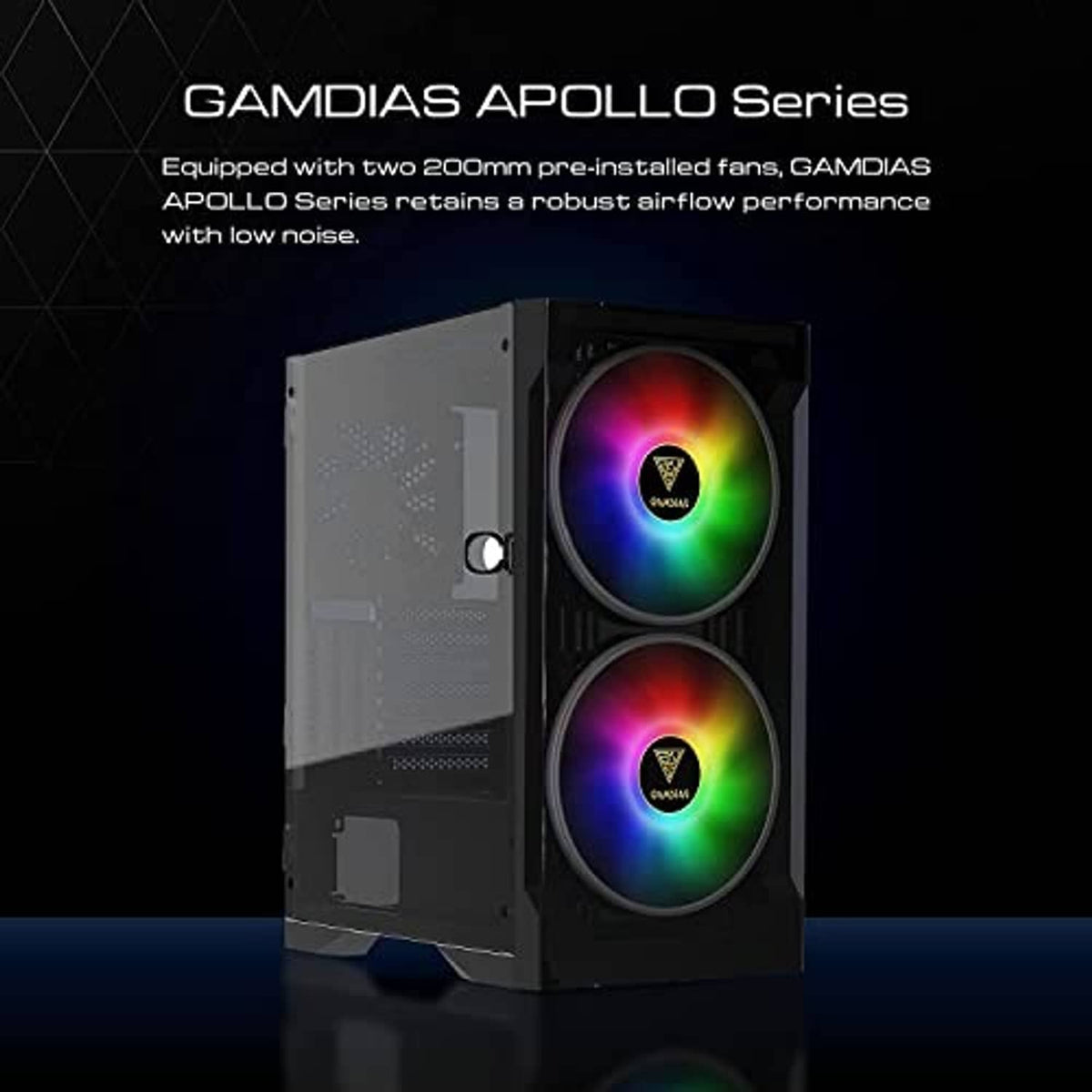 Black mid-tower gaming computer case with two RGB ARGB fans