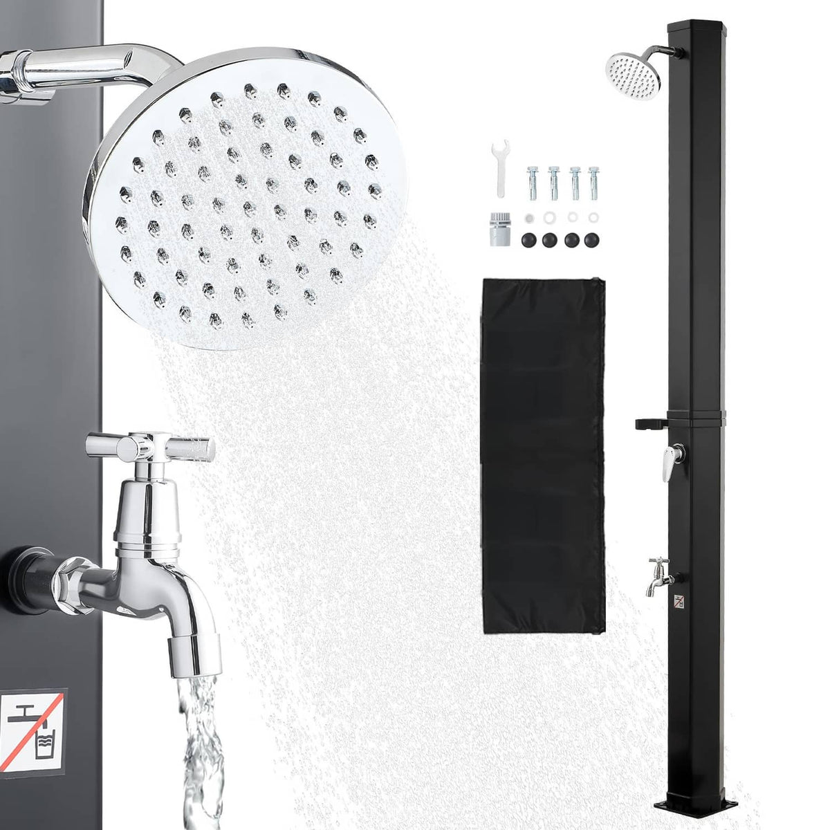 Outdoor solar shower head with foot faucet and black vertical control panel