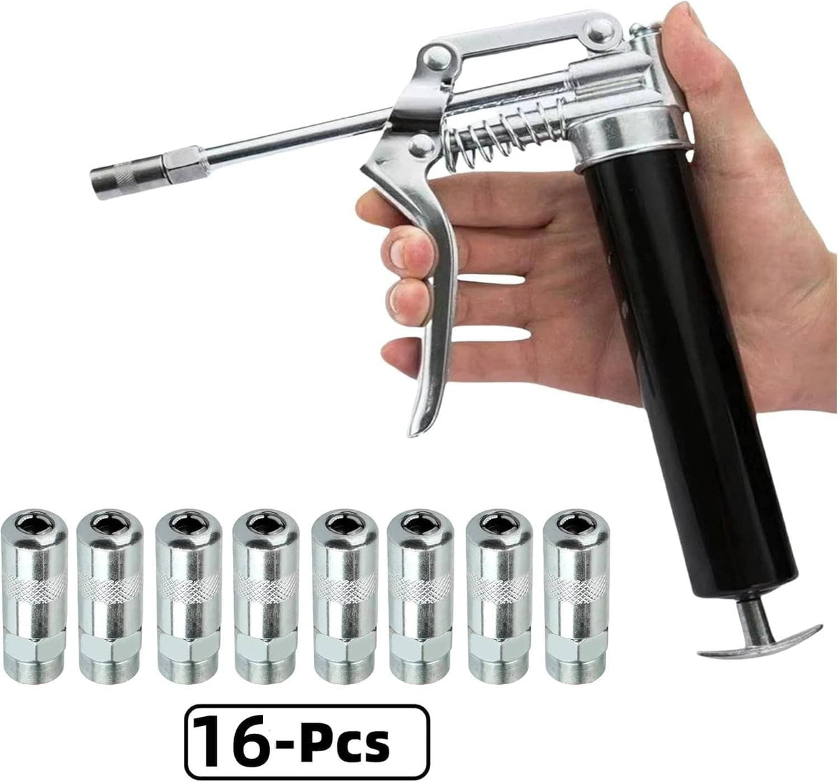 Grease gun coupler tips set: 16 steel tips beside a manual grease gun, for quick install