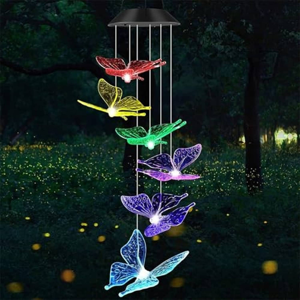 Solar butterfly wind chimes outdoor: glowing LED butterfly shapes in multiple colors
