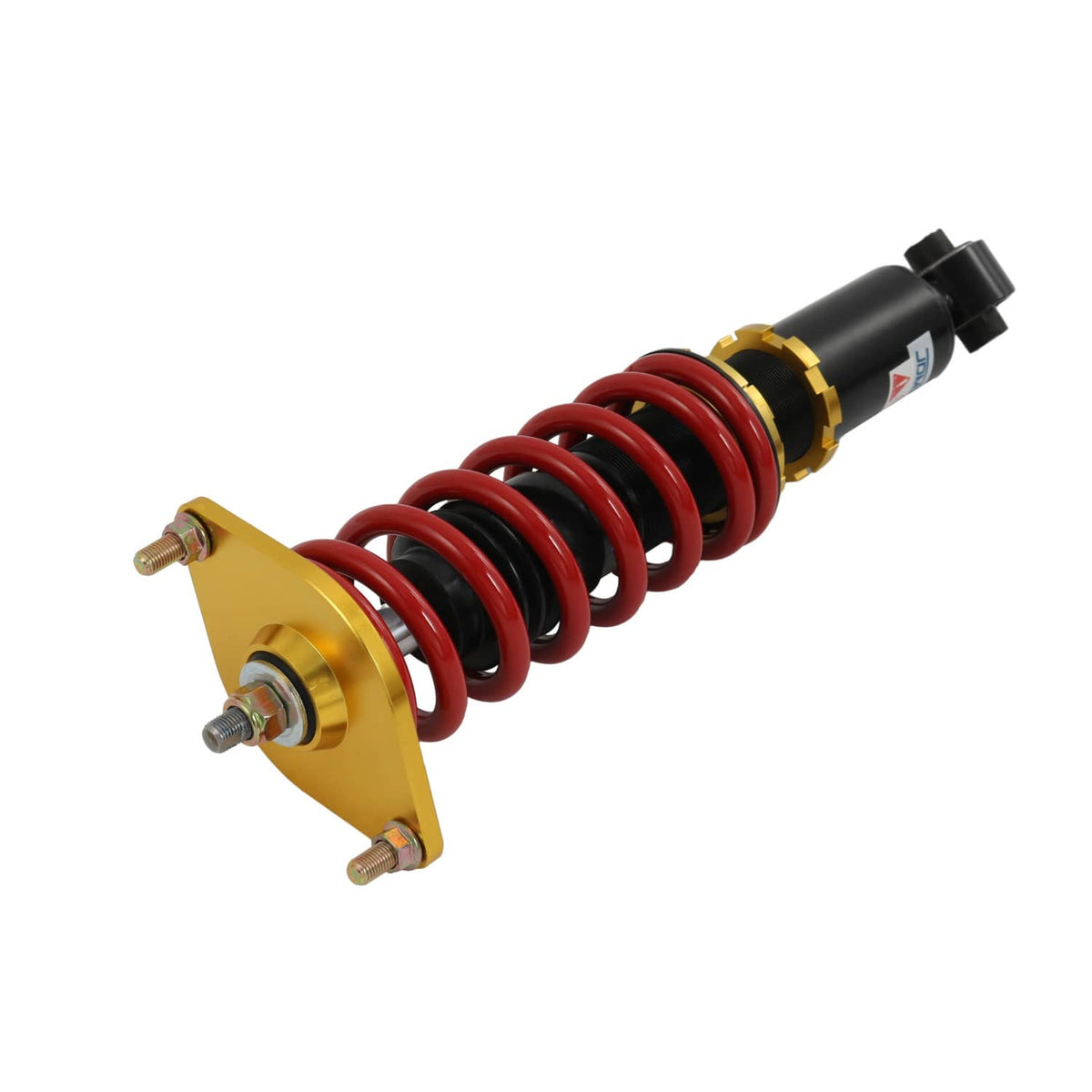 Suspension coilover strut assembly with red spring, black tube, and gold hardware