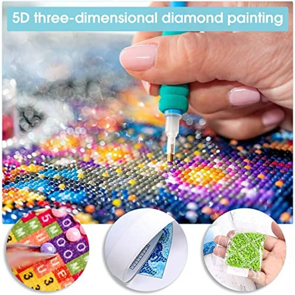 Close-up 5D diamond painting tool placing colorful round diamonds on canvas