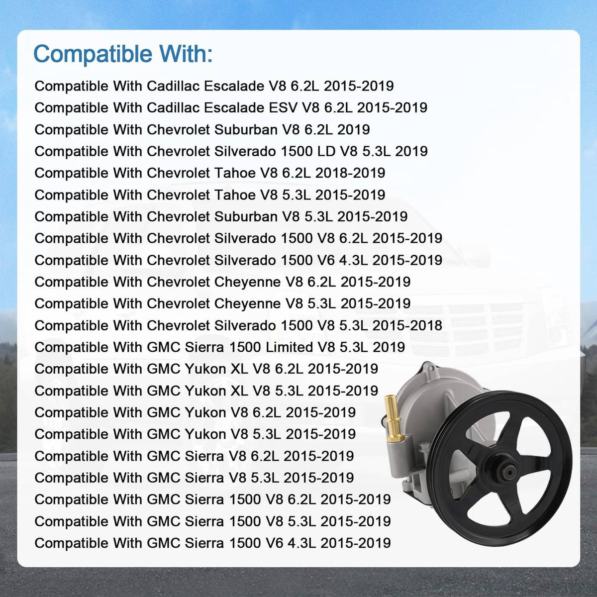 Vacuum pump with black pulley on compatibility card, gray housing and brass fitting