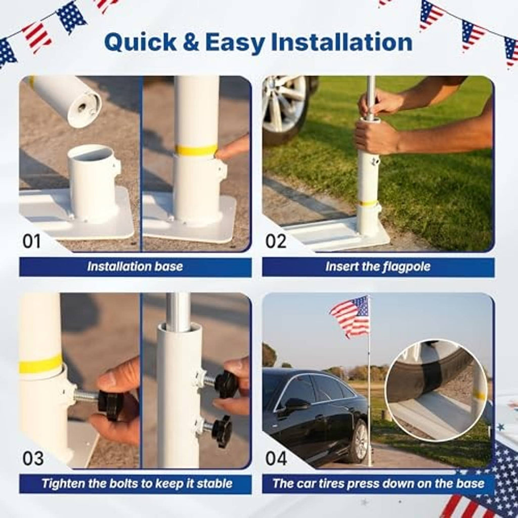 White flag pole tire mount shown with base and hardware for quick installation