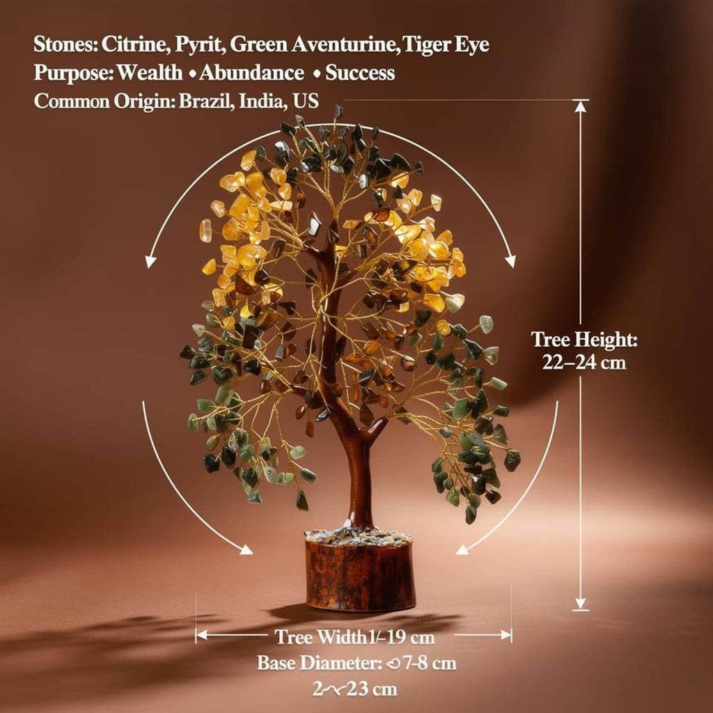 Wire crystal tree with amber stones and green accents, standing in wood base