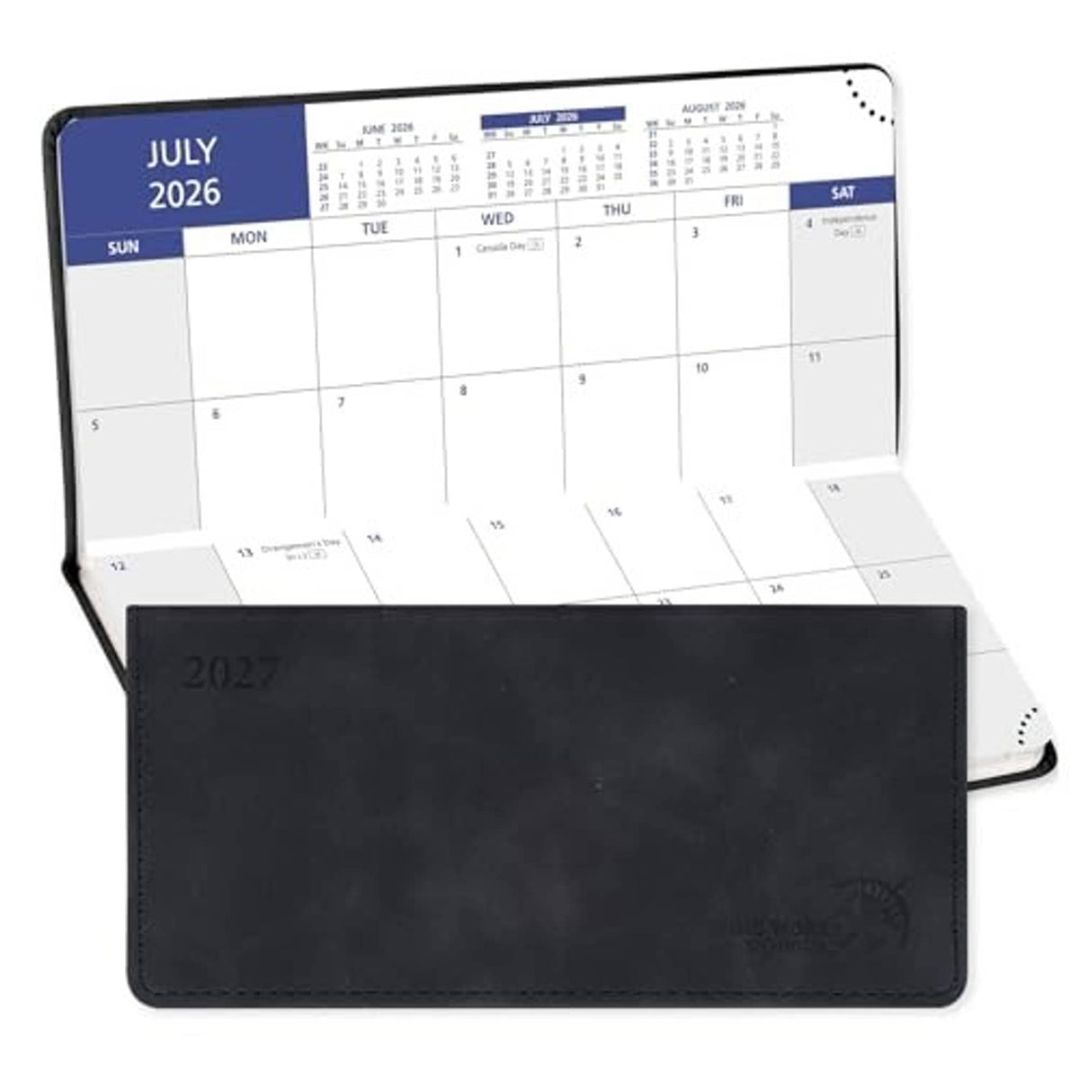 Pocket monthly planner open to July 2026 calendar with dark cover underneath