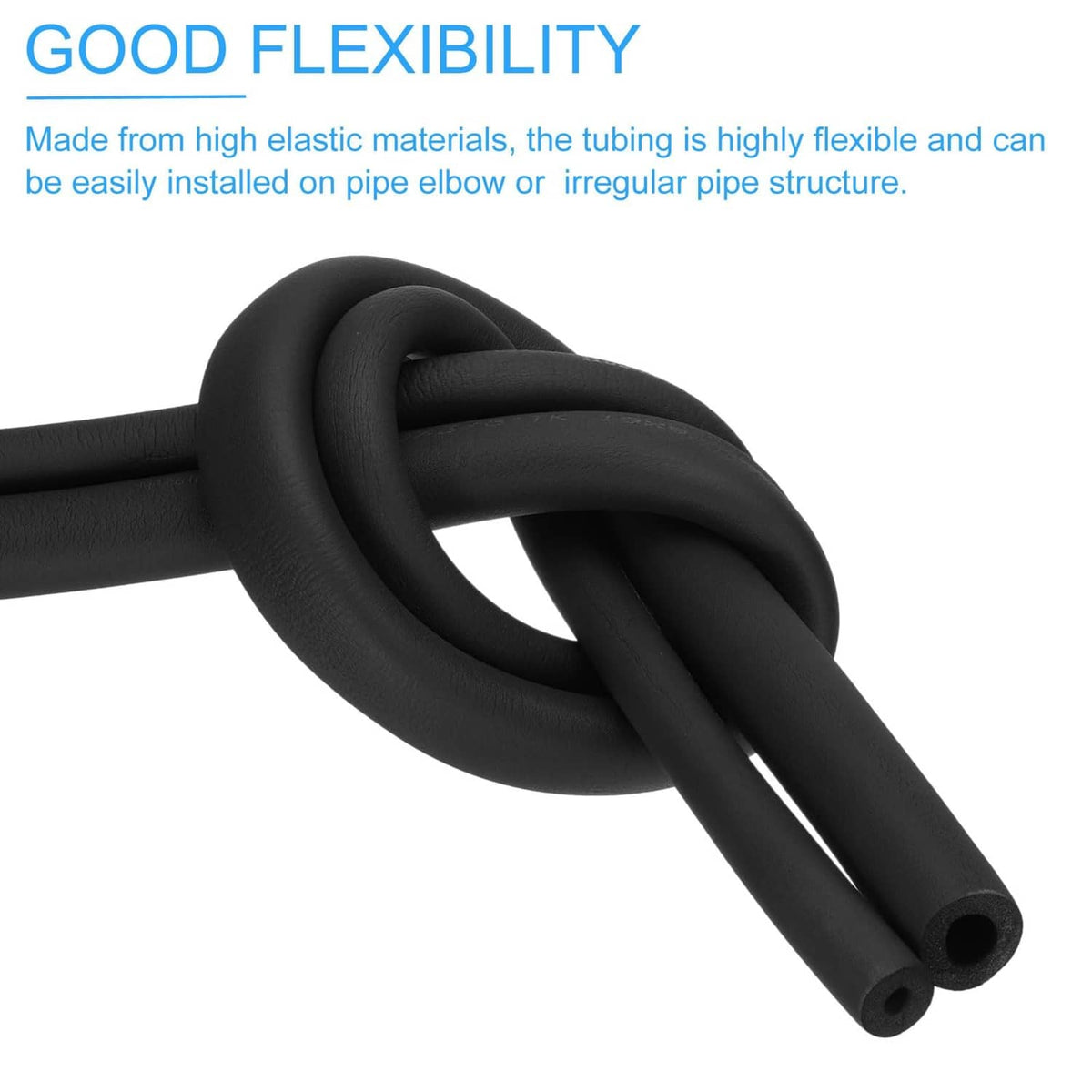 Black flexible foam pipe insulation tubes, coiled bundle, two lengths