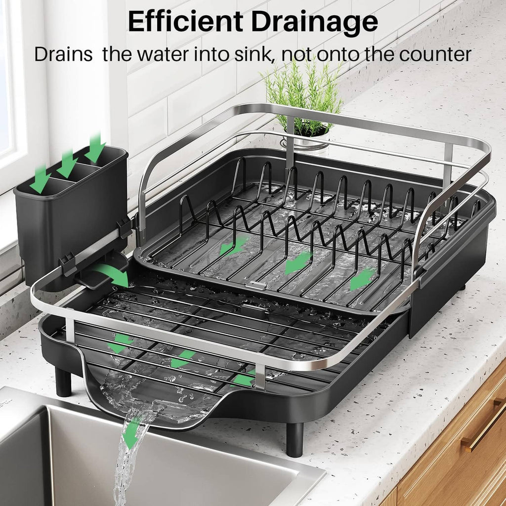 Black dish drying rack with slotted drain tray and angled water runoff