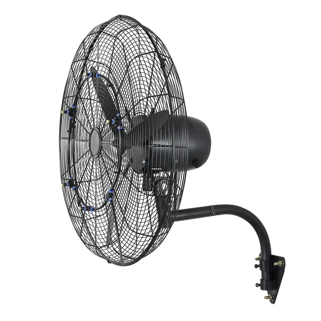 Wall-mounted oscillating fan with wire grille, side view and mounting bracket, black.