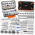 Open fishing tackle box with clear compartments and assorted hooks, weights, and lures