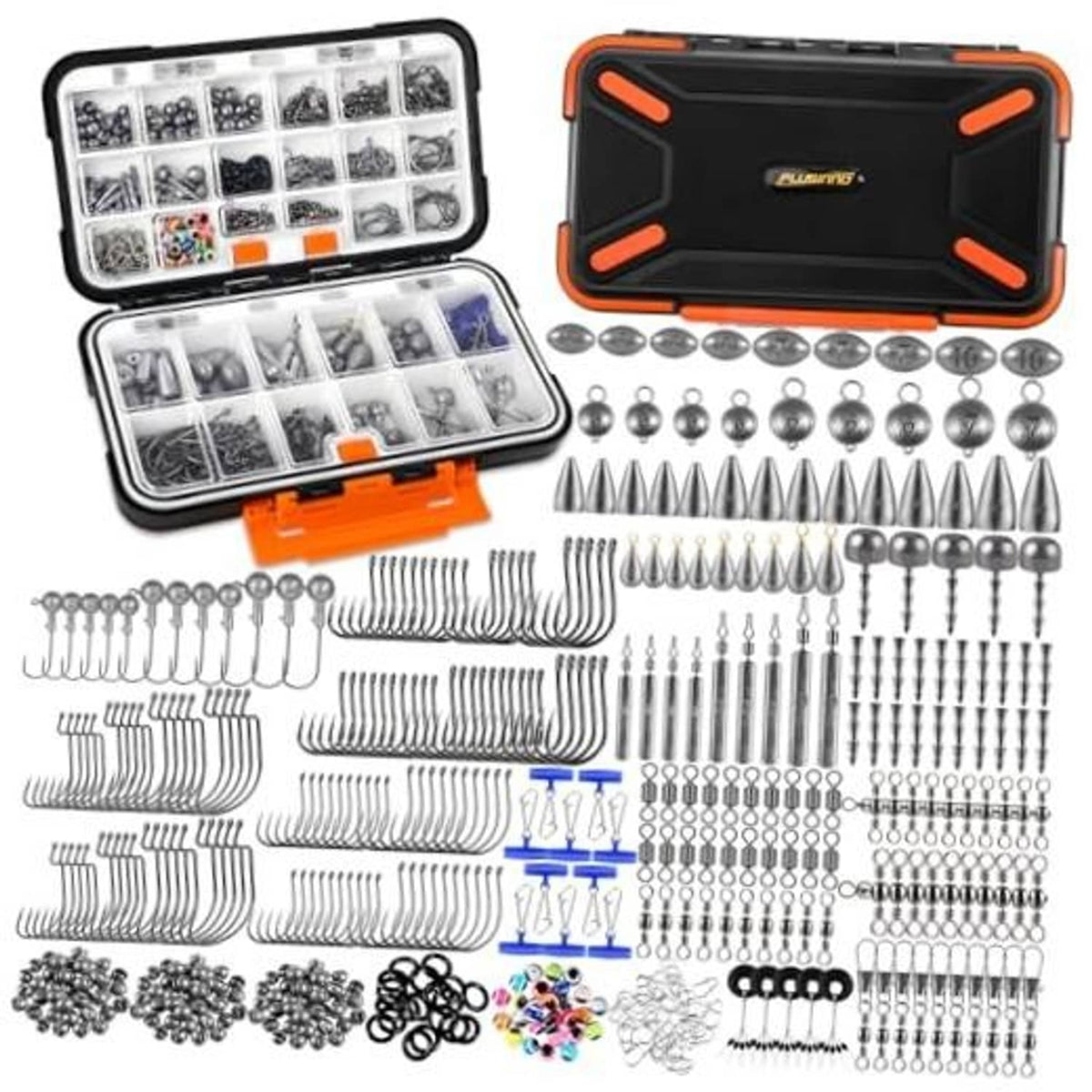 Open fishing tackle box with clear compartments and assorted hooks, weights, and lures