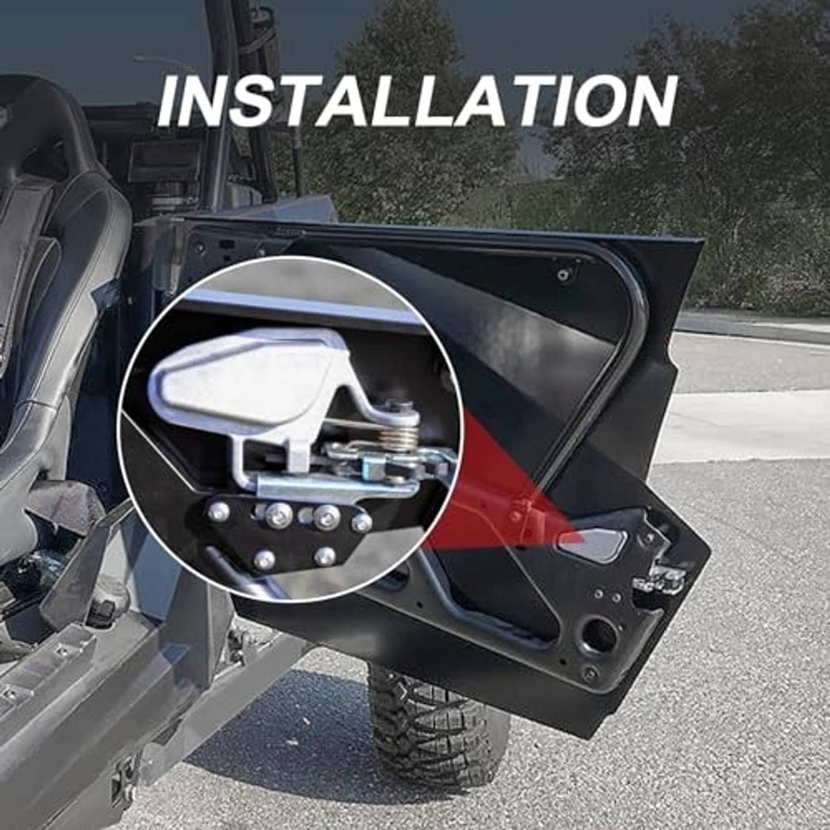 Door latch lock installed on a vehicle side door panel, showing latch and springs