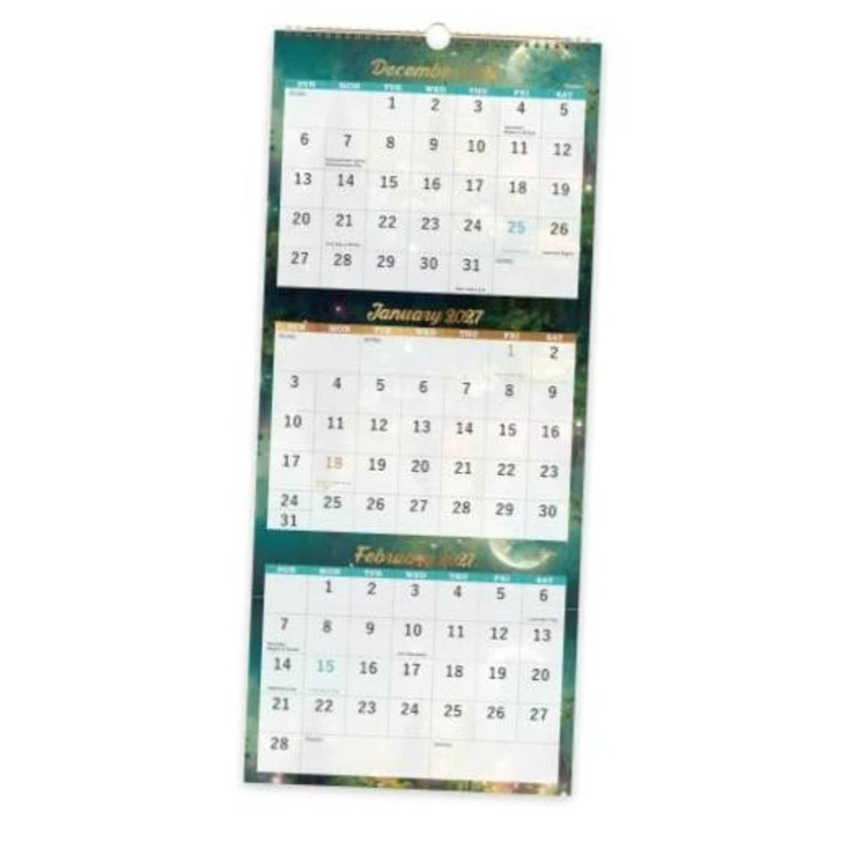Green three-month wall calendar with December–February date grids