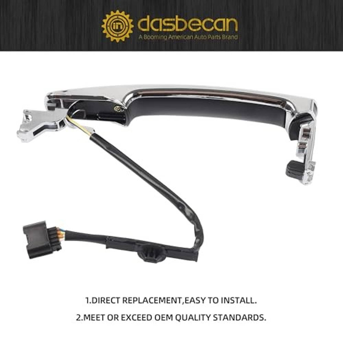 Chrome exterior door handle with black cable harness and side mounting clips.