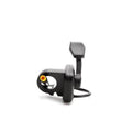 Black thumb throttle for scooter with gray cap and yellow indicator switch.