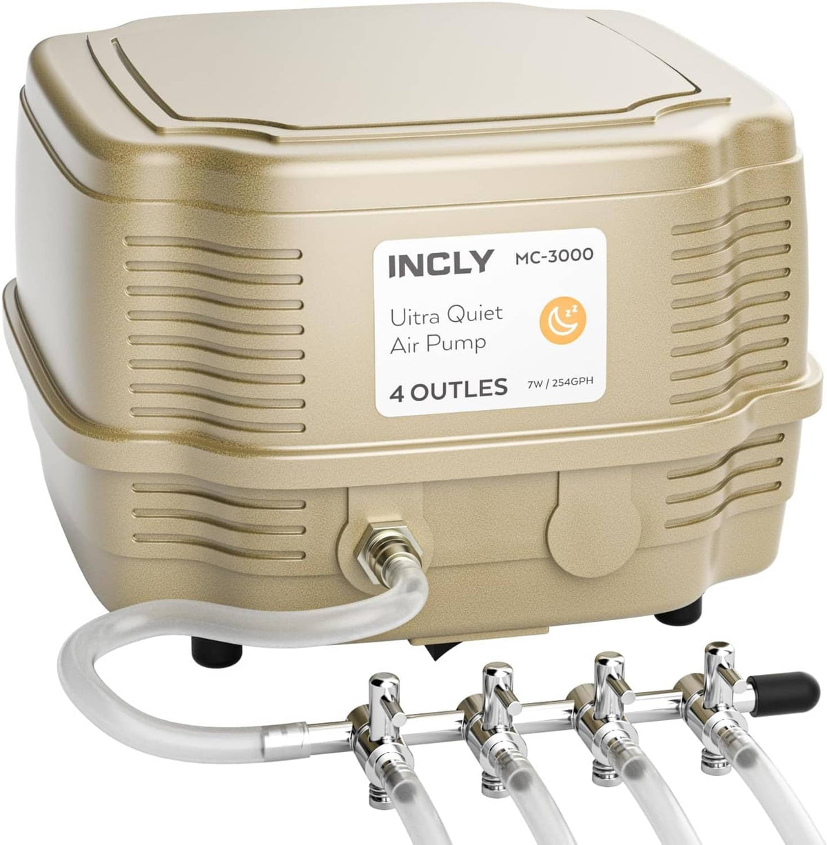 Beige ultra-quiet aquarium air pump with four outlet valves and connected air hoses