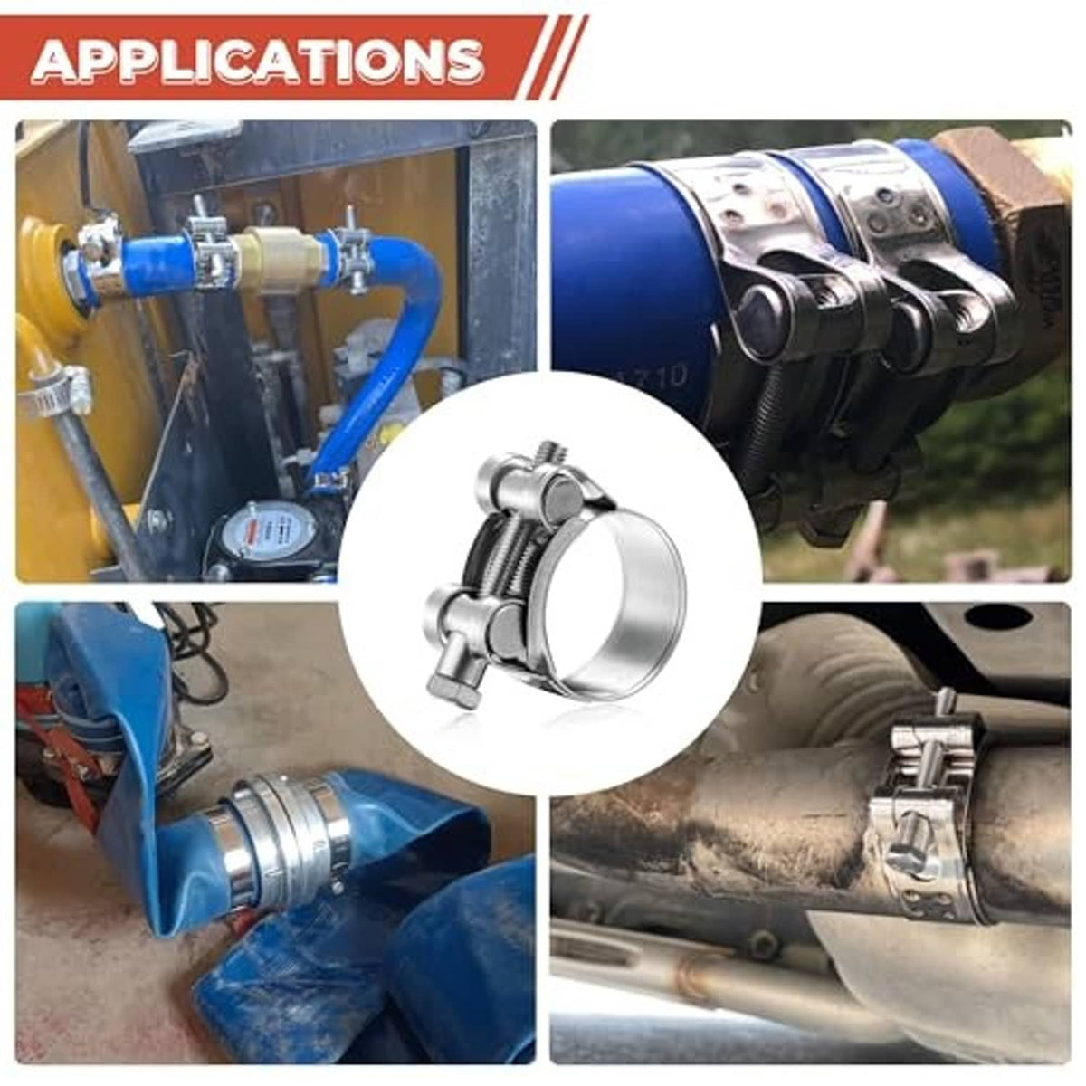 T-bolt hose clamp installed on industrial piping, chrome clamp with screw
