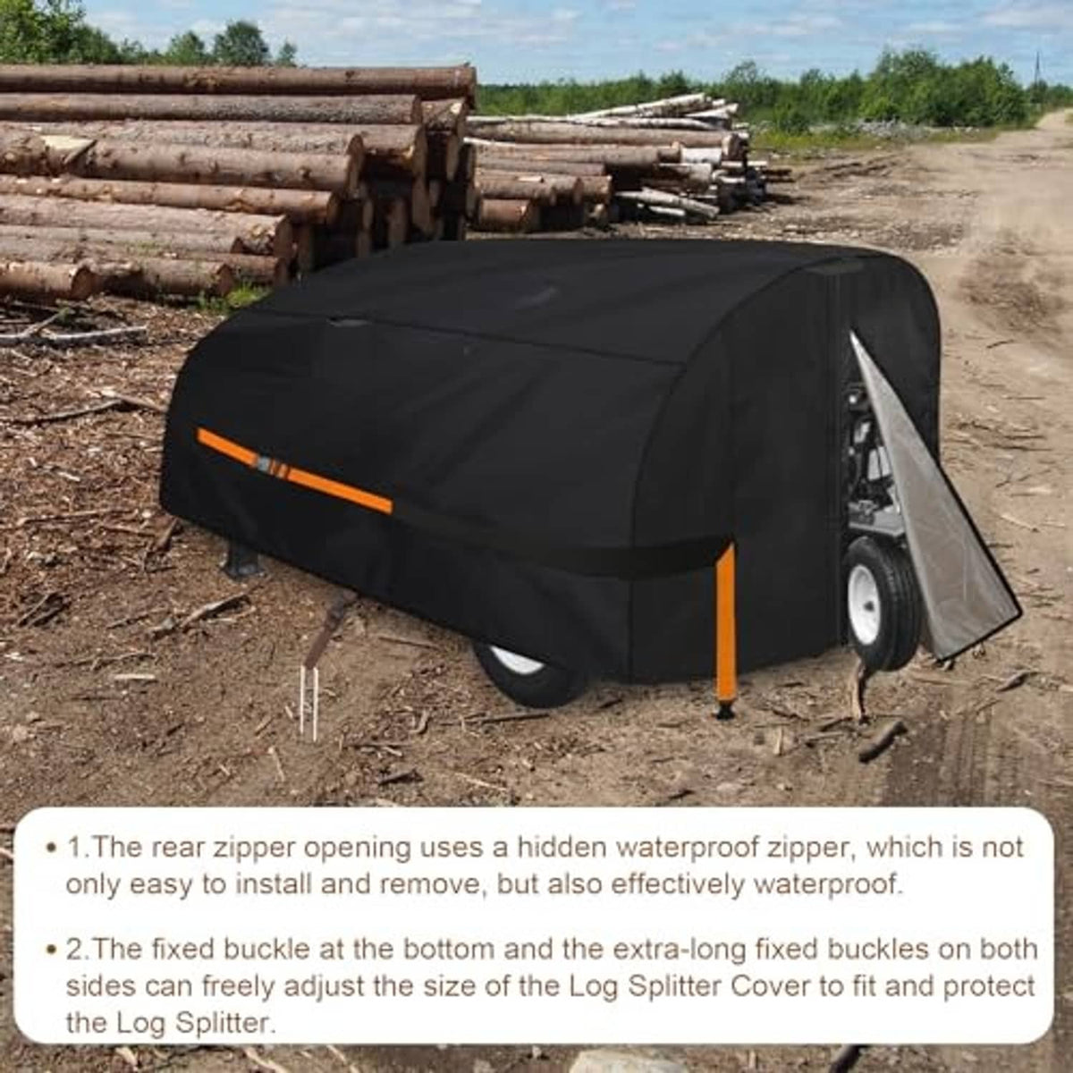 Black log splitter cover with orange stripe accents and hinged side access flap
