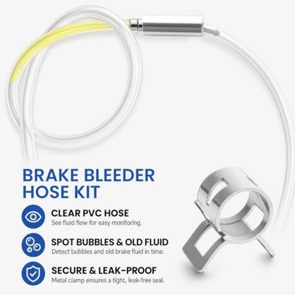 Brake bleeder hose kit with clear PVC hose and metal clamp, blue connector