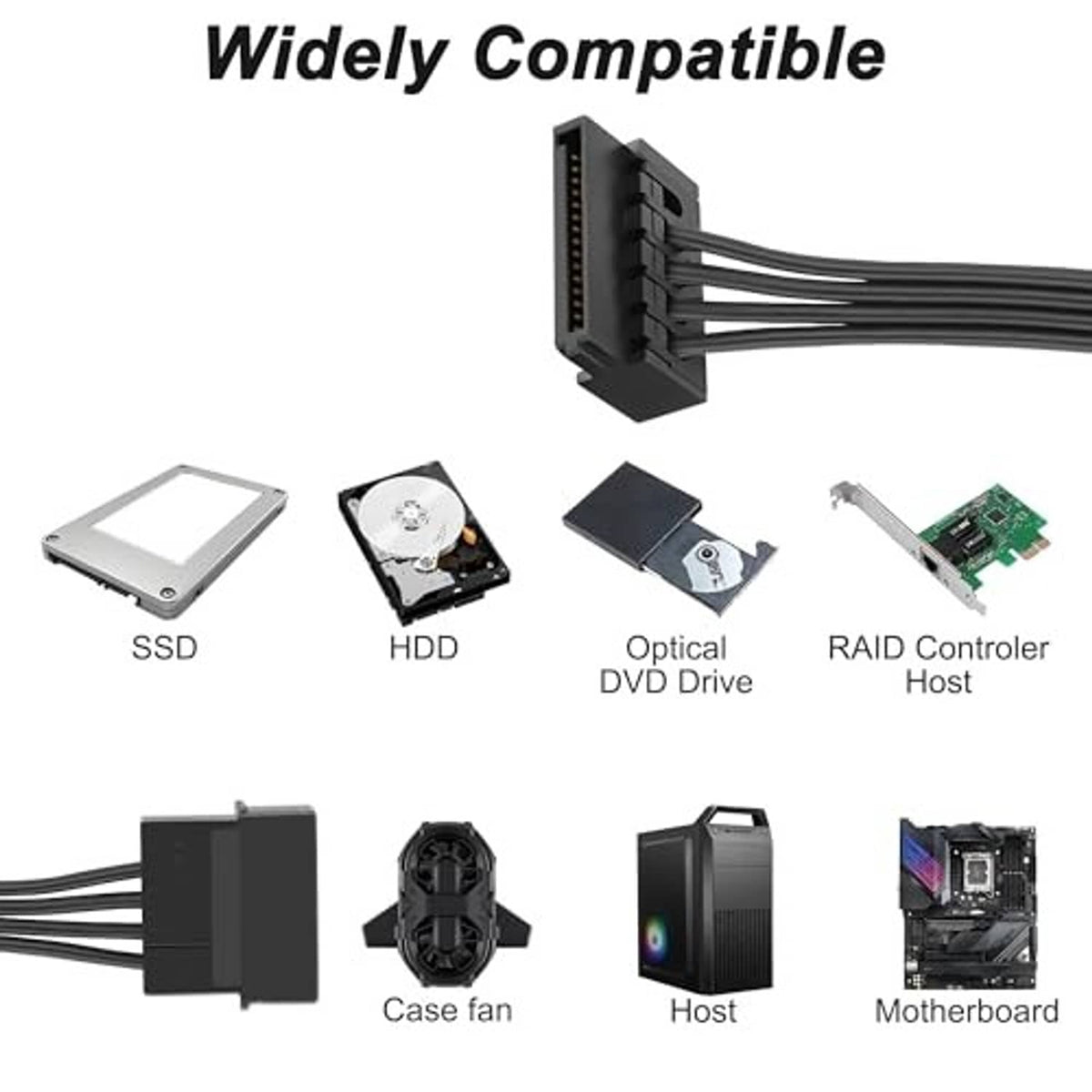 Wide compatibility setup showing IDE-to-SATA power splitter cable for PC drives