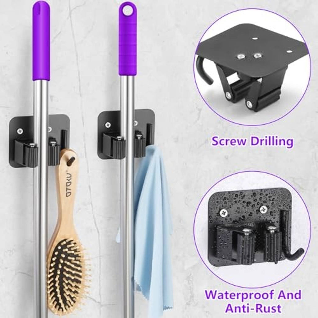 Black broom holder base with screw-mount hardware and anti-rust design
