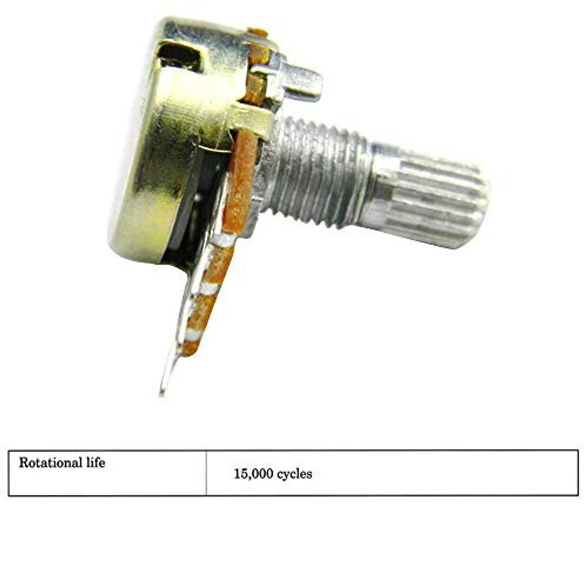 Rotary potentiometer with threaded metal shaft and leads; lifespan specification table