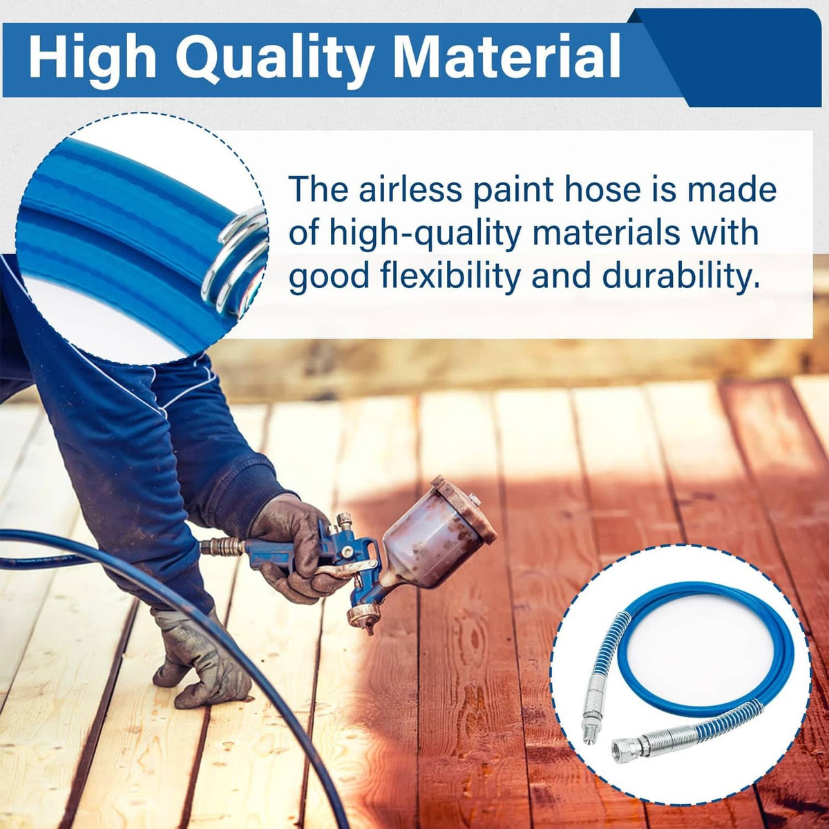 Blue flexible airless paint hose with coiled spring cover and metal fittings