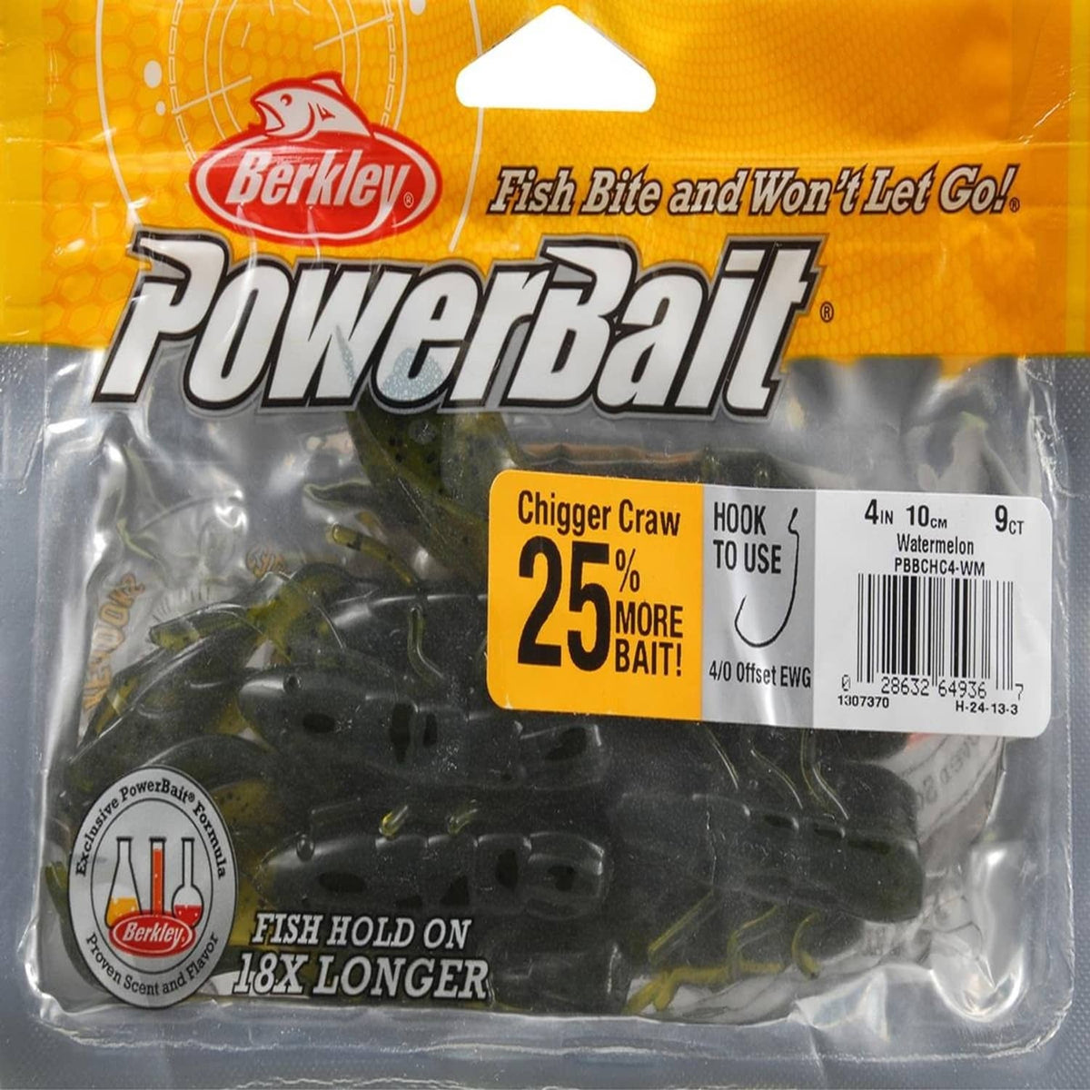 Berkley PowerBait Chigger Craw soft plastic lure pack, 4 in, watermelon color