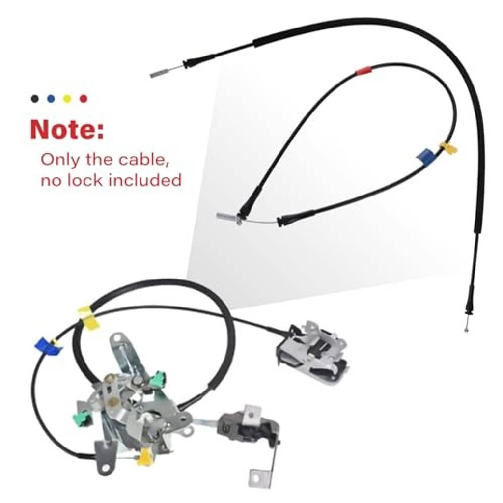 Note: door latch release cable with connector ends and latch hardware components shown