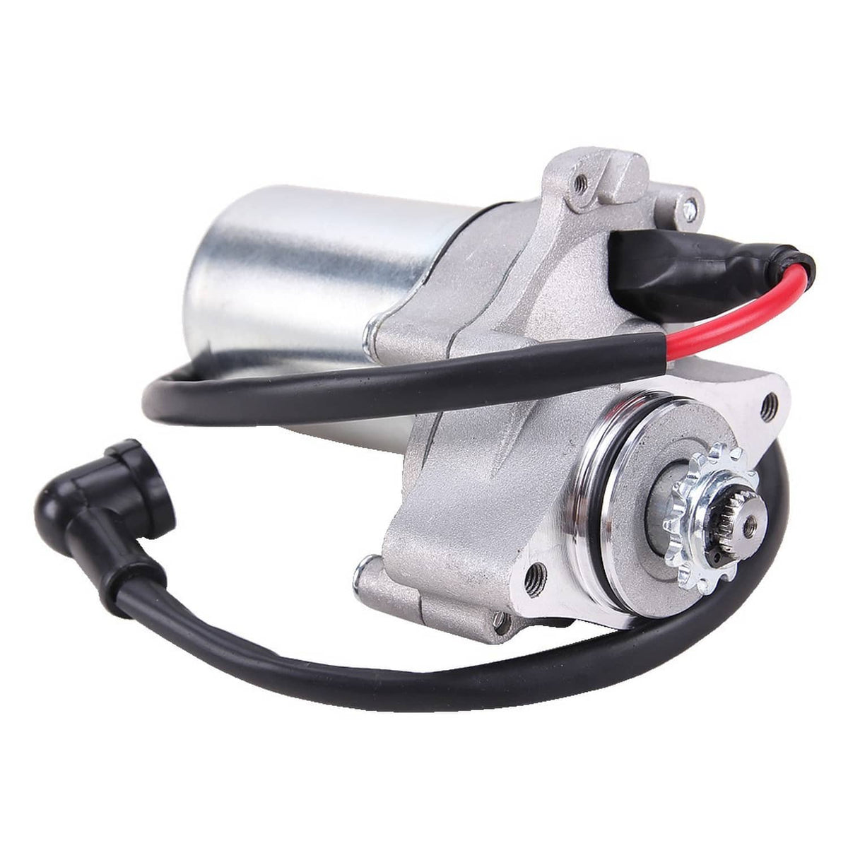 ATV starter motor assembly with black cable and red wire, silver aluminum housing