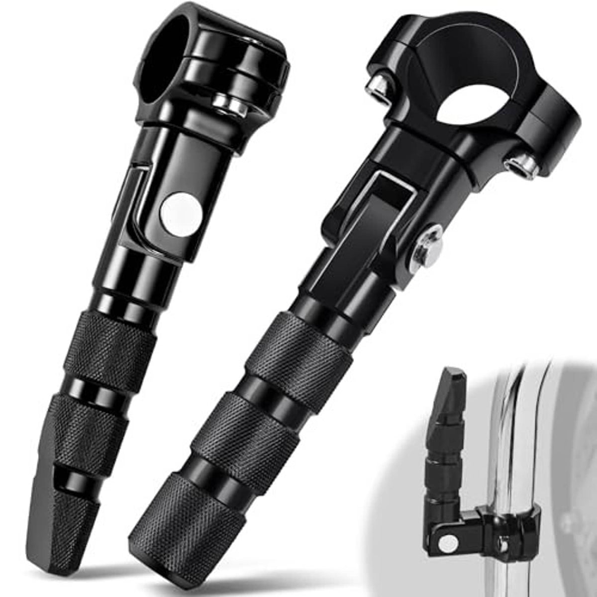 Black highway footpegs pair with textured grips and mounting clamp hardware