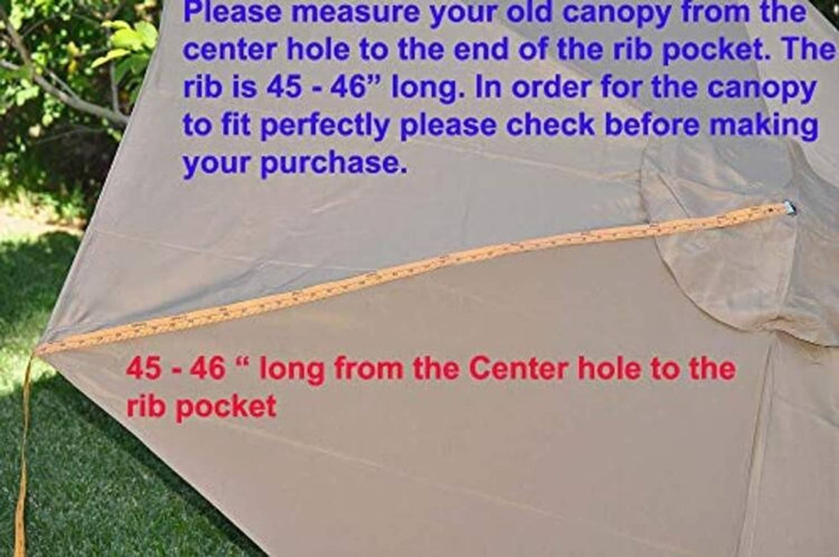 Canopy fabric measuring label showing 45-46 in from center hole to rib pocket