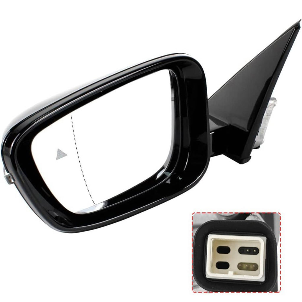 Black left driver-side mirror with blind-spot indicator module detail in inset view.