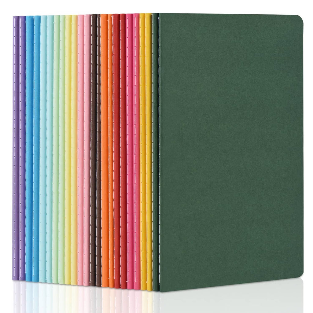 Assorted A5 blank notebooks with colorful covers and one dark green notebook
