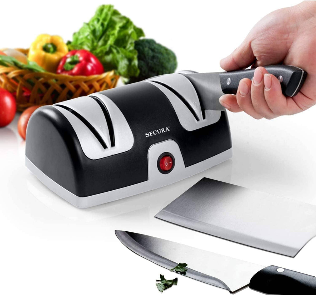 Secura 2-stage black knife sharpener with diamond abrasive and precision guide slots