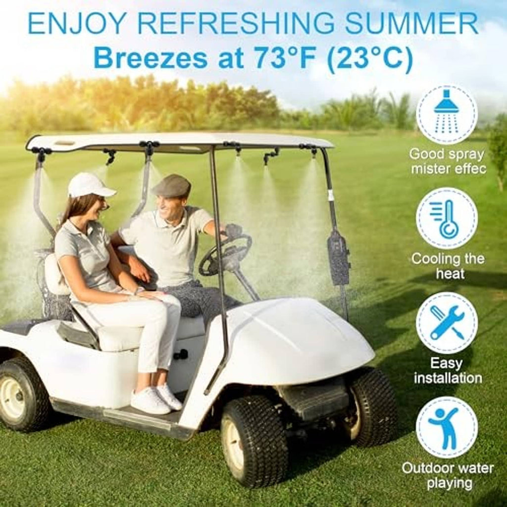 Portable misting system mounted on outdoor wagon, spraying cooling water overhead
