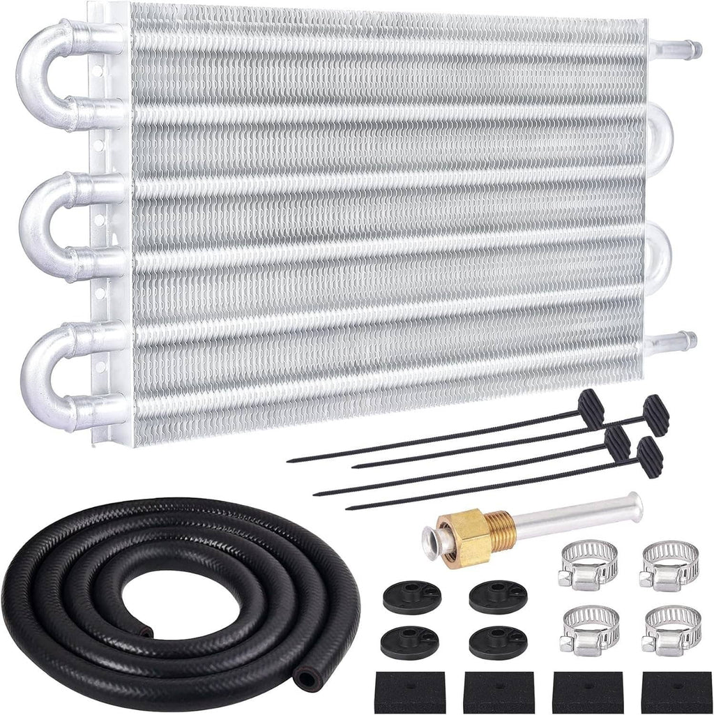 Aluminum oil cooler heat exchanger kit with radiator core, hoses, and metal fittings